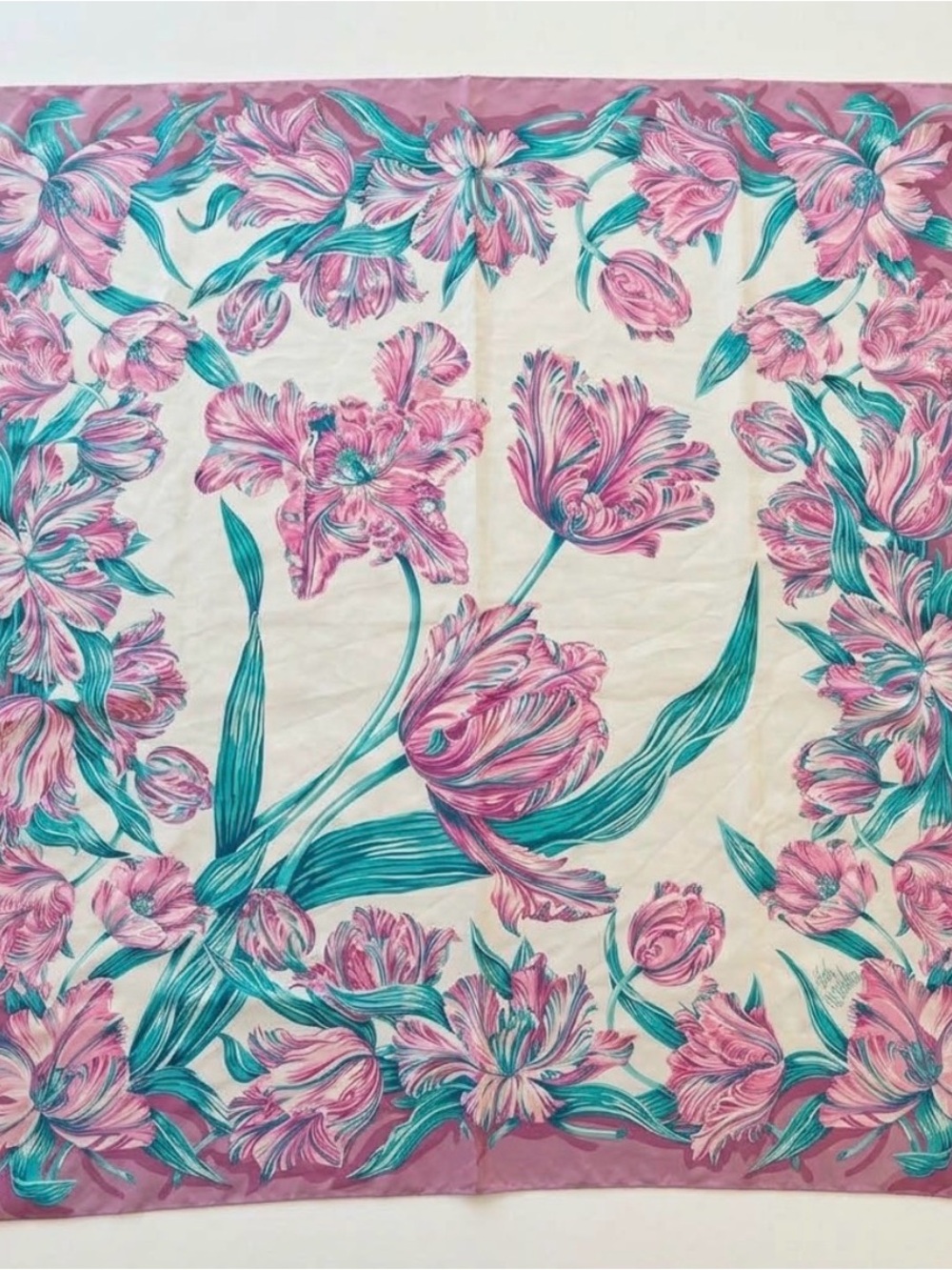Bob Mackie Vintage Wearable Art 100% Silk Scarf 40x40 Floral Tulip Pink Teal⁠